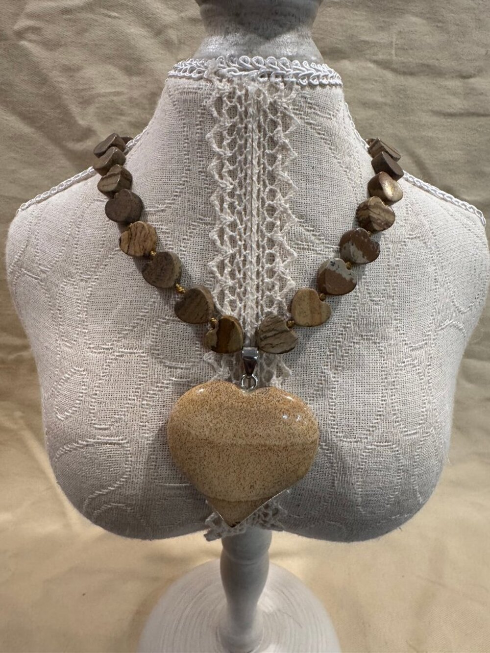 Picture Jasper Heart Bead Necklace – Large Heart Pendant, Boho Crystal Jewelry